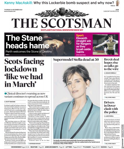 The Scotsman Newspaper Front Page for 24 December 2020