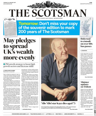 The Scotsman Newspaper Front Page for 24 January 2017