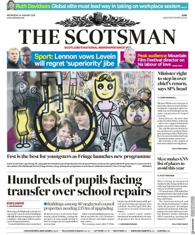 The Scotsman Newspaper Front Page for 24 January 2018