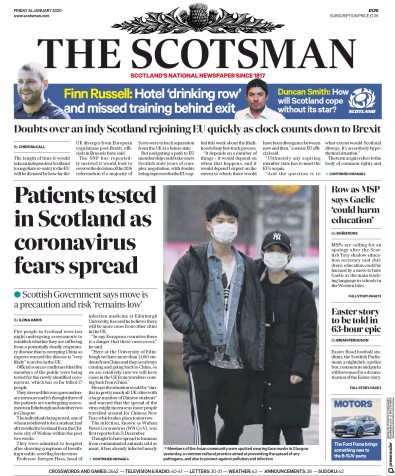 The Scotsman Newspaper Front Page for 24 January 2020