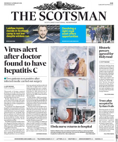 The Scotsman Newspaper Front Page for 24 February 2016
