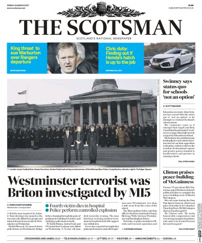 The Scotsman Newspaper Front Page for 24 March 2017