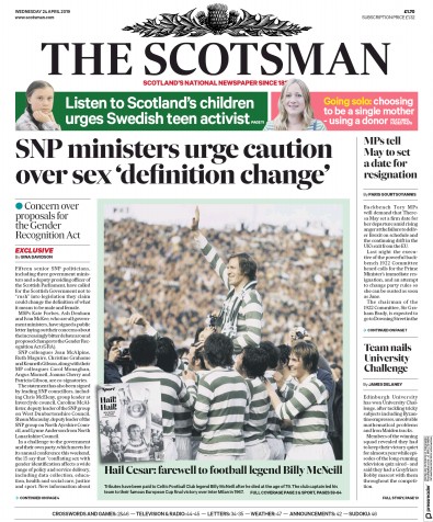 The Scotsman Newspaper Front Page for 24 April 2019