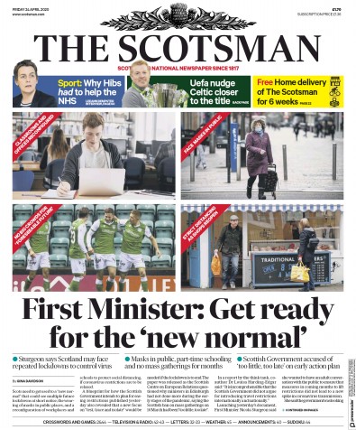 The Scotsman (UK) Newspaper Front Page for 24 April 2020