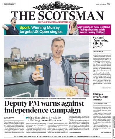 The Scotsman Newspaper Front Page for 24 June 2019