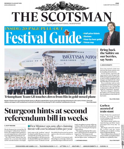 The Scotsman Newspaper Front Page for 24 August 2016