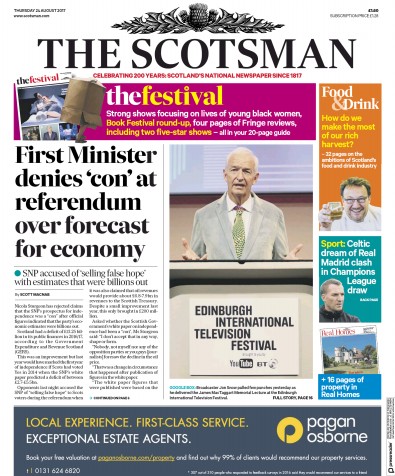 The Scotsman Newspaper Front Page for 24 August 2017