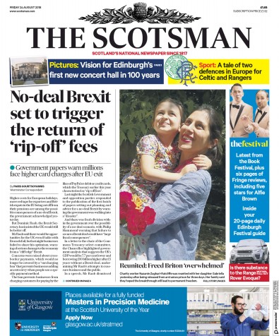 The Scotsman Newspaper Front Page for 24 August 2018