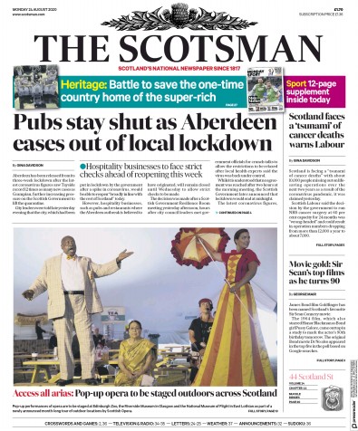 The Scotsman Newspaper Front Page for 24 August 2020
