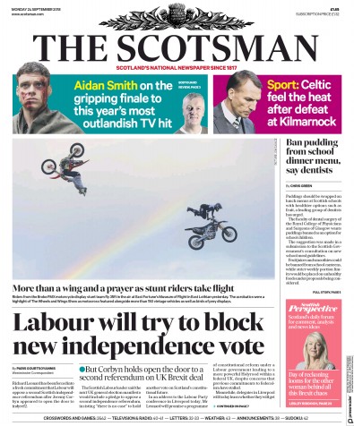 The Scotsman Newspaper Front Page for 24 September 2018