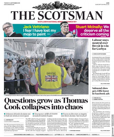 The Scotsman Newspaper Front Page for 24 September 2019