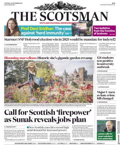 The Scotsman Newspaper Front Page for 24 September 2020