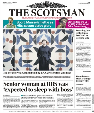 The Scotsman Newspaper Front Page for 25 October 2017