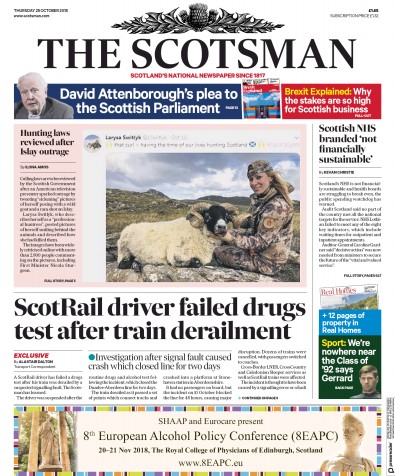 The Scotsman (UK) Newspaper Front Page for 25 October 2018