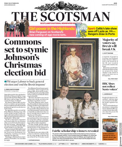 The Scotsman Newspaper Front Page for 25 October 2019