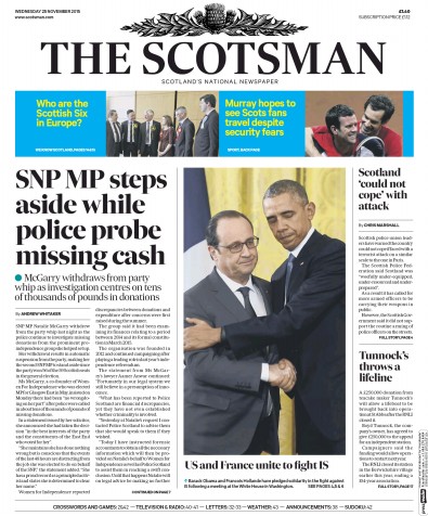 The Scotsman Newspaper Front Page for 25 November 2015