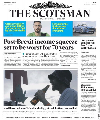 The Scotsman Newspaper Front Page for 25 November 2016