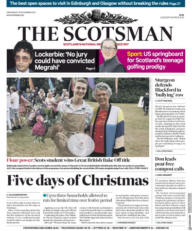 The Scotsman Newspaper Front Page for 25 November 2020