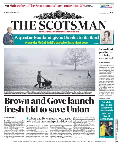 The Scotsman (UK) Newspaper Front Page for 25 January 2021