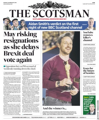 The Scotsman Newspaper Front Page for 25 February 2019