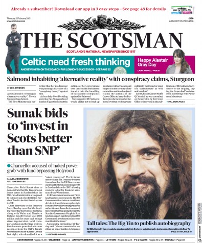The Scotsman (UK) Newspaper Front Page for 25 February 2021