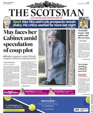 The Scotsman Newspaper Front Page for 25 March 2019
