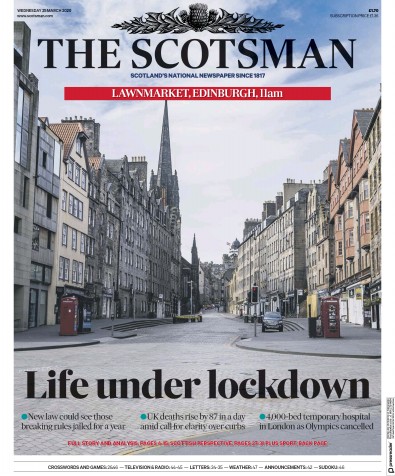 The Scotsman Newspaper Front Page for 25 March 2020