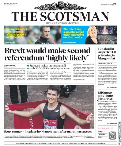 The Scotsman Newspaper Front Page for 25 April 2016