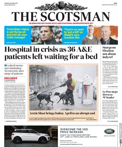 The Scotsman Newspaper Front Page for 25 April 2017
