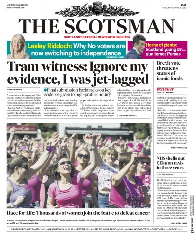 The Scotsman Newspaper Front Page for 25 June 2018