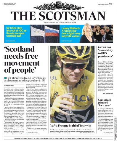 The Scotsman Newspaper Front Page for 25 July 2016
