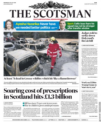 The Scotsman Newspaper Front Page for 25 July 2018
