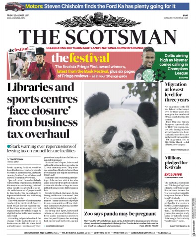 The Scotsman Newspaper Front Page for 25 August 2017