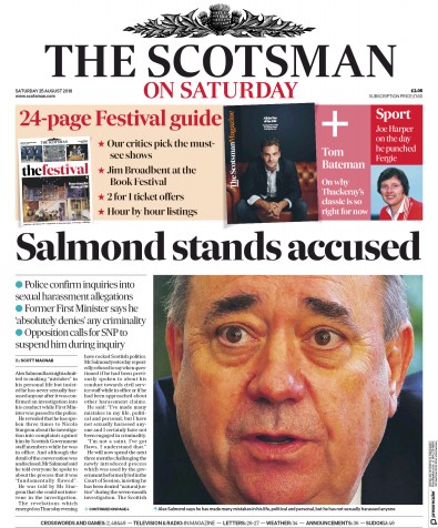 The Scotsman Newspaper Front Page for 25 August 2018