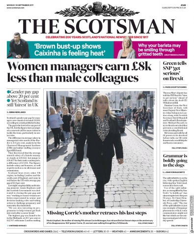 The Scotsman Newspaper Front Page for 25 September 2017