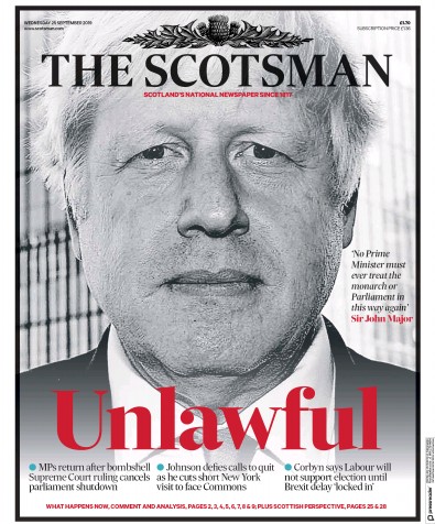 The Scotsman Newspaper Front Page for 25 September 2019