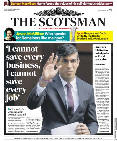 The Scotsman Newspaper Front Page for 25 September 2020