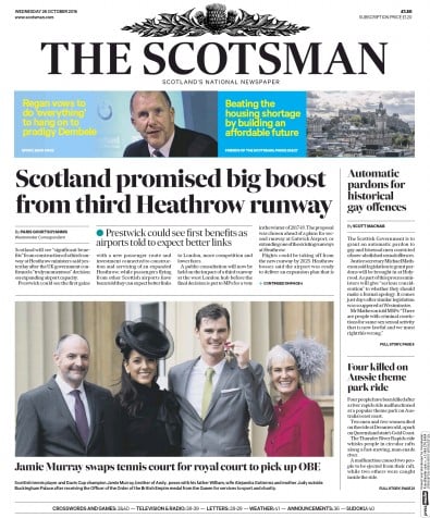 The Scotsman Newspaper Front Page for 26 October 2016