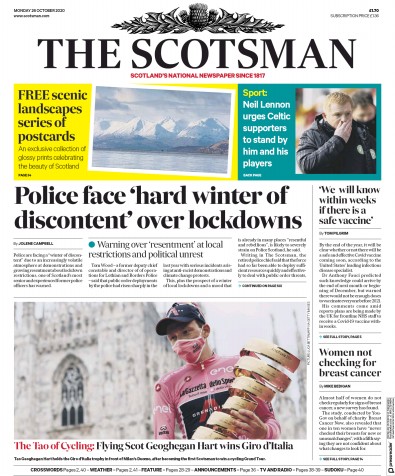 The Scotsman Newspaper Front Page for 26 October 2020