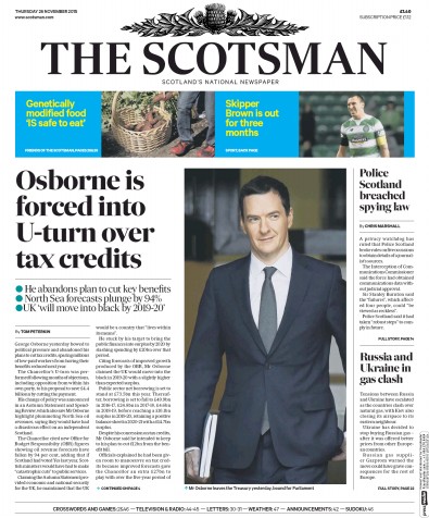 The Scotsman Newspaper Front Page for 26 November 2015
