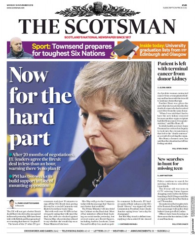 The Scotsman Newspaper Front Page for 26 November 2018