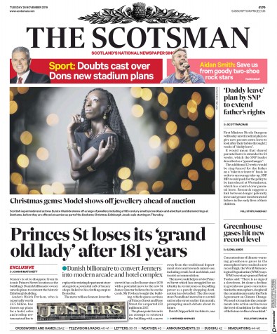 The Scotsman Newspaper Front Page for 26 November 2019