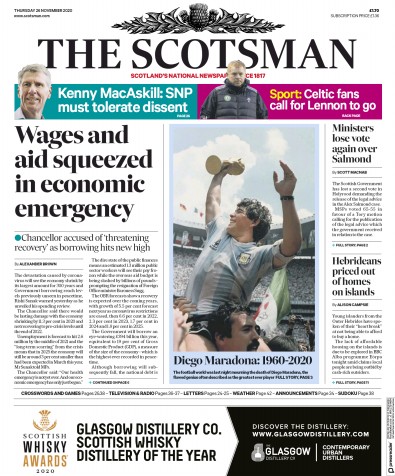 The Scotsman Newspaper Front Page for 26 November 2020