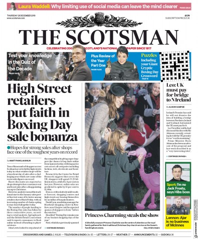 The Scotsman Newspaper Front Page for 26 December 2019