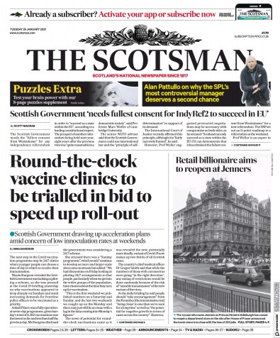 The Scotsman (UK) Newspaper Front Page for 26 January 2021