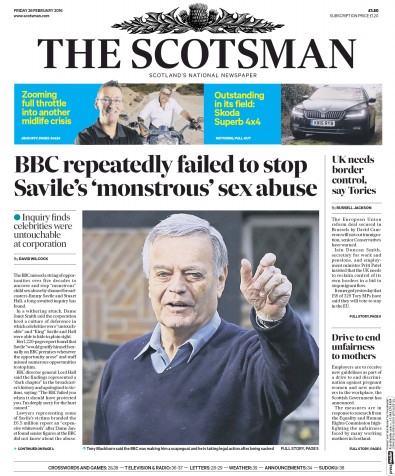 The Scotsman Newspaper Front Page for 26 February 2016