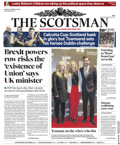 The Scotsman Newspaper Front Page for 26 February 2018