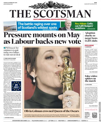 The Scotsman Newspaper Front Page for 26 February 2019