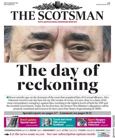 The Scotsman Newspaper Front Page for 26 February 2021