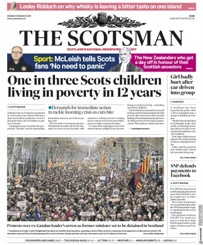 The Scotsman Newspaper Front Page for 26 March 2018
